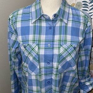 Lauren Ralph Lauren Large blue green and white plaid lightweight long sleeve